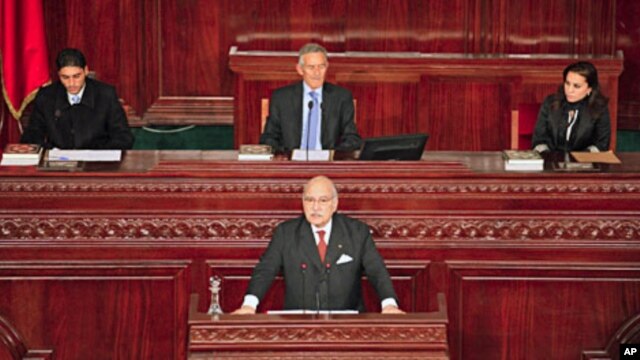 Outgoing interim president Fouad Mebazza (front) speaks during the opening session of Tunisia's constitutional assembly in Tunis November 22, 2011