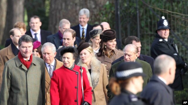 Members of The Royal Family including Prince William The Duke of Cambridge, Kate Middleton Catherine The Duchess of Cambridge, Prince Harry, Charles Prince of Wales, The Duke of Edinburgh and Princess Anne attend the Christmas Day church service on the royal estate of Sandringham.
