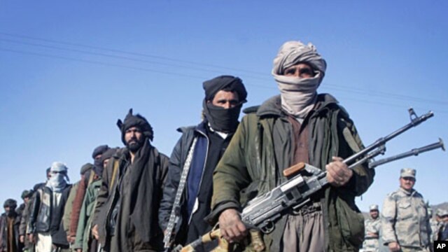 Former Taliban militants hold their weapons during a joining ceremony with the Afghan government in Herat, west of Kabul, January 30, 2012.