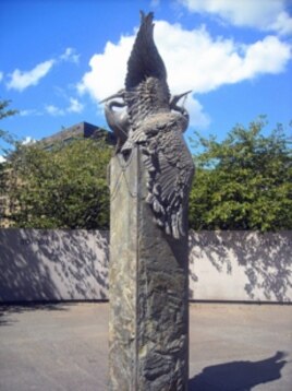Designed by Davis Buckley and Nina Akamu, this monument at the memorial depicts two Japanese cranes caught in barbed wire. It symbolizes the internment of thousands of Japanese Americans in camps in the U.S. Southwest during World War II.