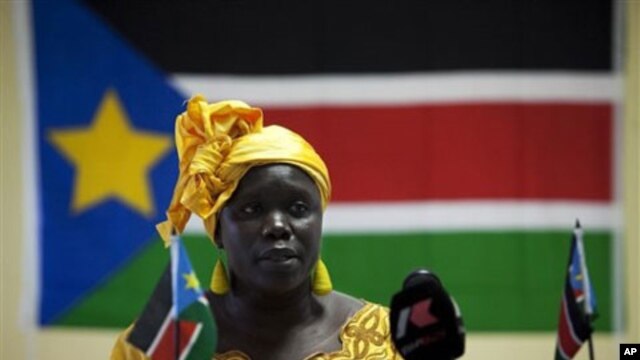 Dr. Anne Itto, head of the Sudan Peoples Liberation Movement- Southern Sector, addresses reporters at a press conference Wednesday, April 14, 2010 in Juba, southern Sudan. Dr. Itto addressed issues of missing ballots, voter registration discrepancies, inc