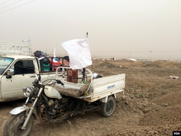 While many families flee on foot, those in their own cars hang white flags to indicate they are not with any military organization in Kurdish, Iraq, Nov. 1, 2016. (H. Murdock/VOA)