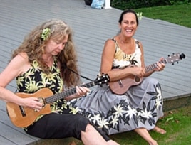 The Hula Honeys, Robin Kneubuhl and Ginger Johnson, record on the Ululoa label and combine contemporary jazz with traditional Hawaiian sounds.