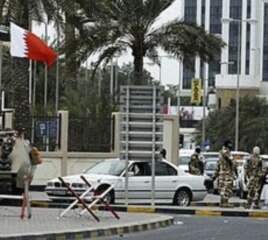Troops are seen guarding one of the entrances of Salmaniya Hospital in Manama, Bahrain, March 18, 2011