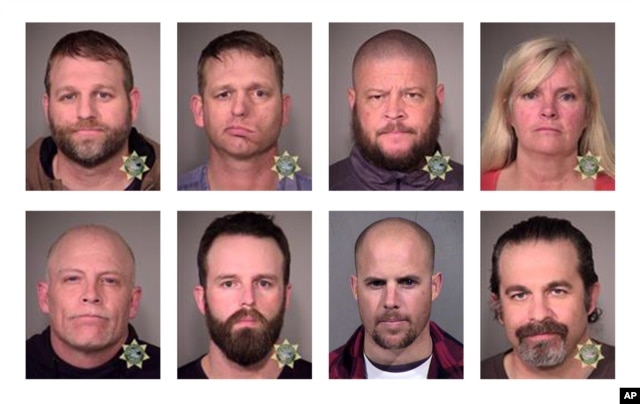 These photos provided by the Multnomah County Sheriff's Office and the Maricopa County Sheriff's Office show eight people involved in the occupation of the headquarters of the Malheur National Wildlife Refuge in Oregon, who were arrested Jan. 26, 2016. Top row, from left, are Ammon Bundy, Ryan Bundy, Brian Cavalier and Shawna Cox. Bottom row, from left, are Joseph Donald O'Shaughnessy, Ryan Payne, Jon Eric Ritzheimer and Peter Santilli.