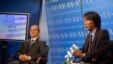 Burmese President Thein Sein (left) at live VOA town hall event on May 19 in Washington with Burmese Service Chief Lwin Htun Than.