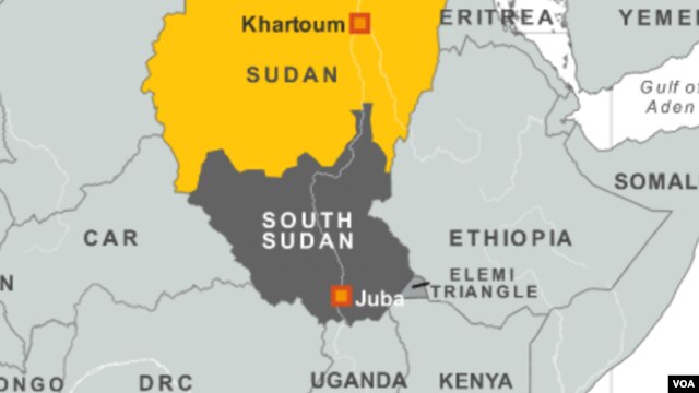 Sudan - South Sudan map (VOA) Juba accuses Khartoum of violating its airspace by dropping weapons over the border to militiamen in South Sudan's Jonglei state.