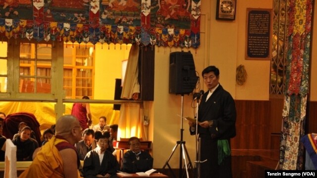Sikyong Lobsang Sangay addressing the crowd gathered at Tsuglakhang temple in Dharamsala on November 14, 2012