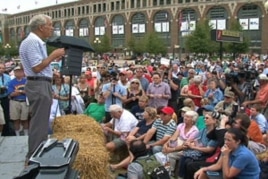 Texas Congressman and presidential candidate Ron Paul speaks to a crowd at the Iowa State Fair, in the state capital Des Moines, August 12, 2011