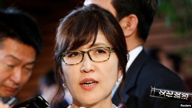 Japan's new defense minister Tomomi Inada talks to reporters at Prime Minister Shinzo Abe's official residence in Tokyo, August 3, 2016.