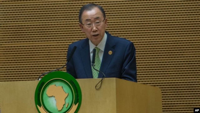 Katibu Mkuu wa Umoja wa Mataifa Ban Ki-moon akihutubia katika kikao cha 26 cha Umoja wa Afrika nchini Ethiopia.