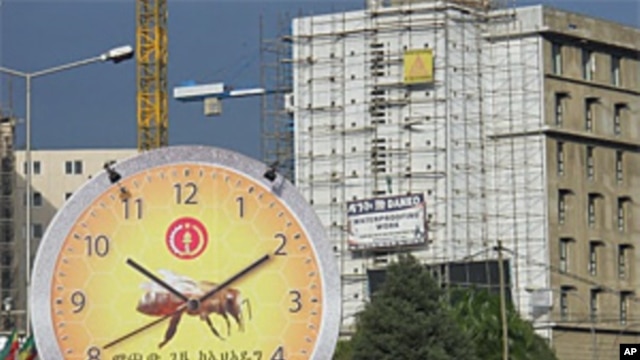 Always set at 10:10, this 'clock' is an advertisement for Ethiopia's ruling party, which has a bee as its symbol