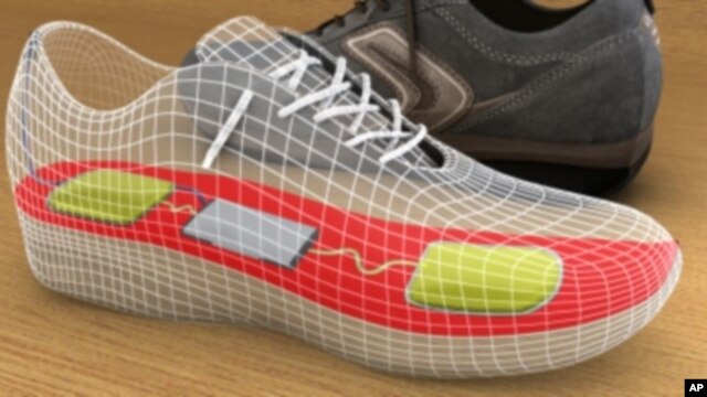 Artist's rendering of a shoe embedded with components that collect and store power to run mobile devices.