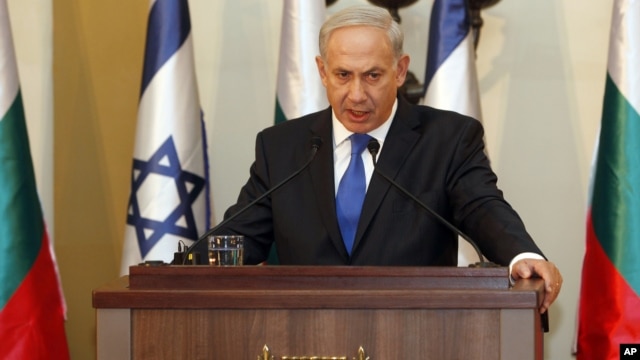 Israeli Prime Minister Benjamin Netanyahu speaks during a joint press conference with his Bulgarian counterpart, Boyko Borissov, not seen, in Jerusalem, Tuesday, Sept. 11, 2012.
