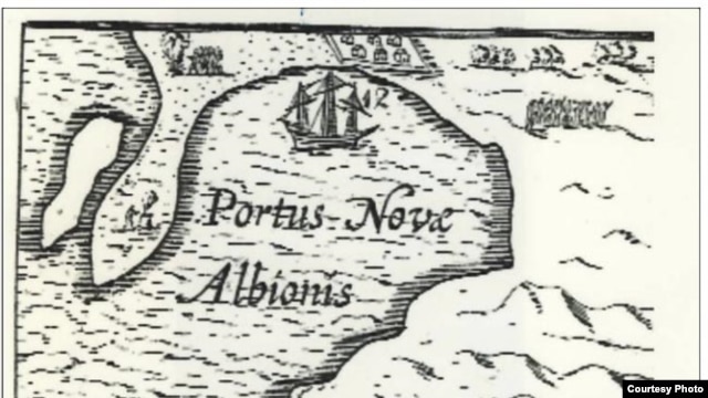 This is Drake’s own map, with words in Latin, of the cove where he landed. He even named it “New Albion” in honor of his country, far away. (National Park Service)