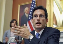 House Majority Leader Eric Cantor of Virginia speaks with reporters about jobs, as Congress waits for President Barack Obama to submit the jobs plan, in his Capitol Hill office in Washington, D.C., September 12, 2011. (AP)