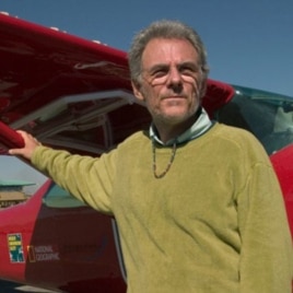 National Geographic Explorer-in-Residence Michael Fay stands in front of a Cessna plane in June, 2004, before his MegaFlyover of Africa.