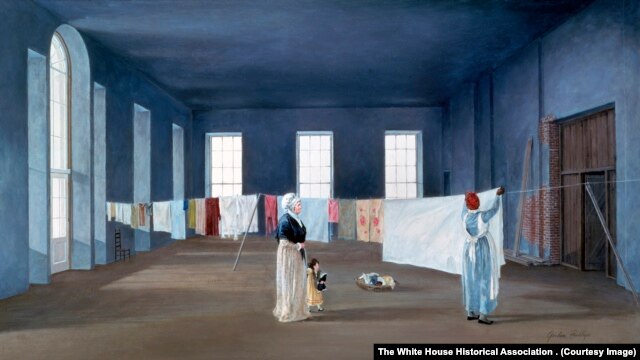 Abigail Adams hanging laundry in the White House East Room.