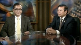 Opposition leaders Sam Rainsy and Kem Sokha in VOA Studio In Washington, DC.