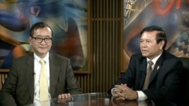 Opposition leaders Sam Rainsy and Kem Sokha in studio interviews with VOA Khmer in Washington, DC