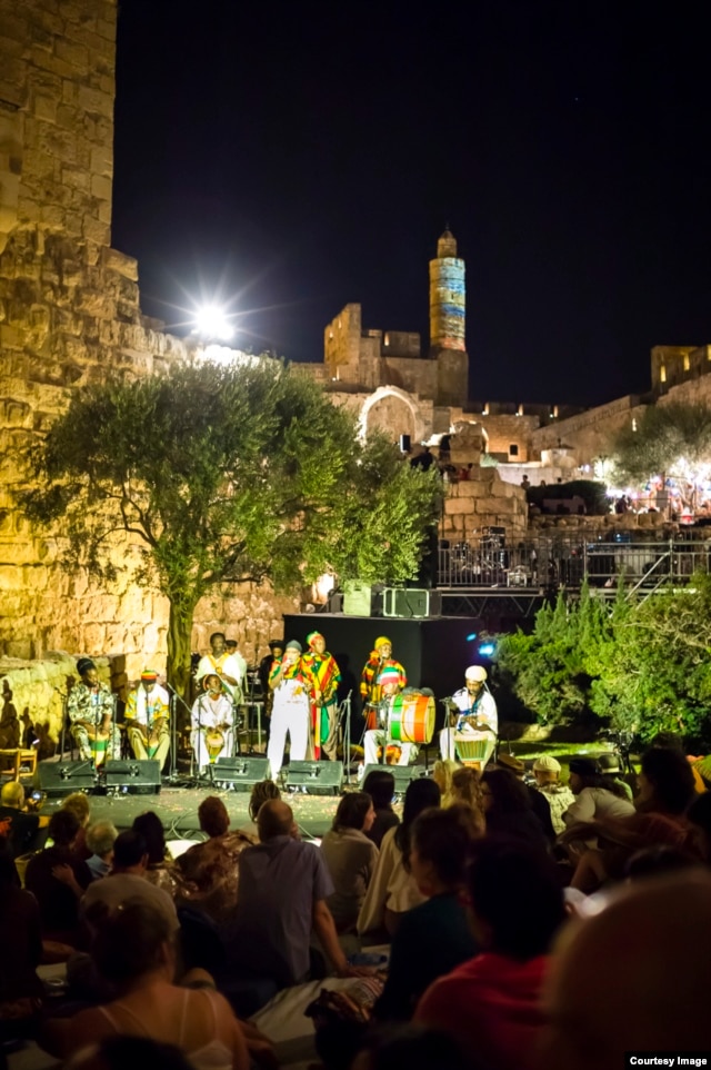 Vivien Jones and Drums of Defiance perform at the medieval fortress, the Tower of David, in the heart of Old Jerusalem. (Courtesy Noam Chojnowski/Jerusalem Season of Culture)