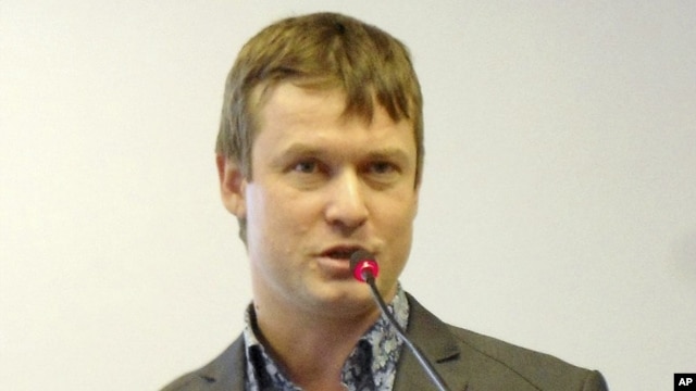 This undated photo shows Leonid Razvozzhayev speaking in an undisclosed location and is provided by the Associated Press Television News, October 22, 2012. 