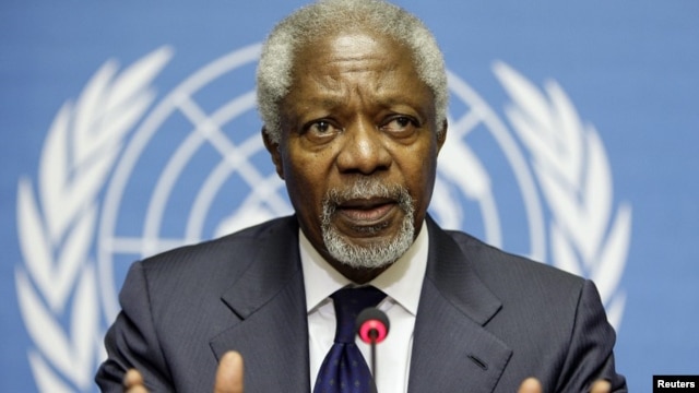 Joint Special Envoy of the United Nations and the Arab League for Syria Kofi Annan gestures during a news conference after the meeting of the Action Group on Syria at the United Nations European headquarters in Geneva, June 30, 2012.