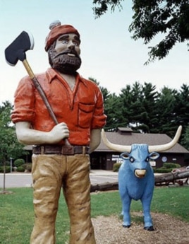 Paul Bunyan, a folklore giant lumberjack of unusual skill, and his companion, Babe the Blue Ox, were first introduced in 1916 in a logging company’s advertising campaign.