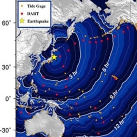 NOAA map shows estimated tsunami travel times after Japan's earthquake.