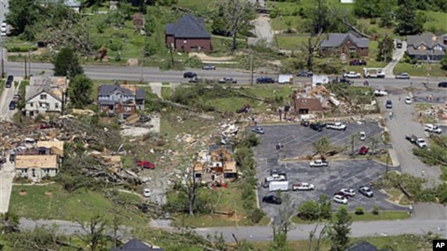 This is an aerial view of damage to downtown Cullman, Alabama, after dozens of tornadoes ripped through the South, flattening homes and businesses and killing more than 200 people in six states in the deadliest outbreak in nearly 40 years, April 28, 2011