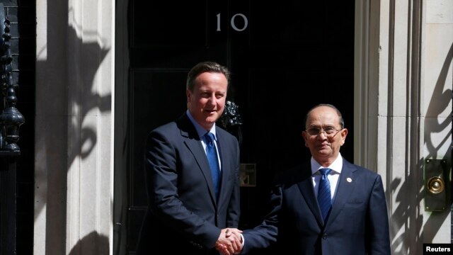 Tổng thống Miến Ðiện Thein Sein đã được Th3u tướng Anh David Cameron đón tiếp nồng nhiệt tại London, ngày 15/7/2013. 