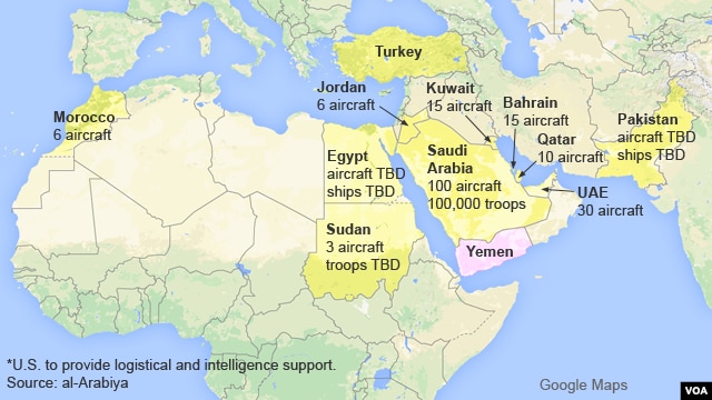 Map showing members of the Saudi-led coalition against rebels in Yemen