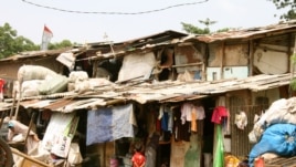 The makeshift wood and corrugated iron shacks where Jakarta mother Santi lives with her three children, Jakarta, Indonesia, March 2, 2013. (K. Lamb/VOA)