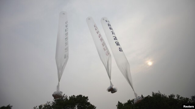 Balloons containing leaflets denouncing Pyongyang are seen after former North Korean defectors released them towards North Korea at a field near the demilitarized zone separating the two Koreas in Gimpo, west of Seoul June 24, 2012. 