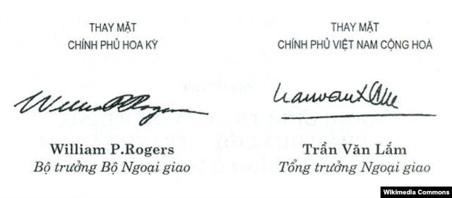 Chữ kí ông William Rogers và ông Trần Văn Lắm.