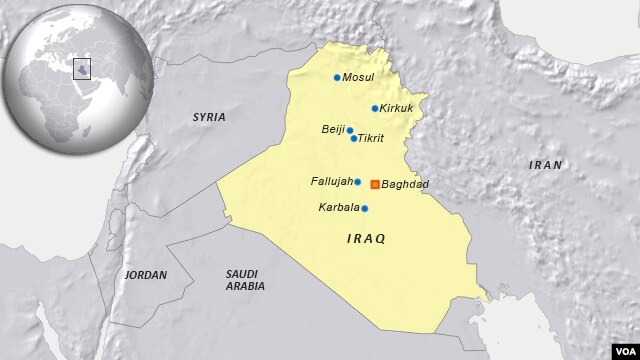 Iraq cities: Mosul, Tikrit, Beiji, Kirkuk, Karbala, Fallujah, Baghdad