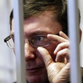 Ukraine's former Interior Minister Yuri Lutsenko looks out from the defendant's cage during a court session in Kiev, February 27, 2012