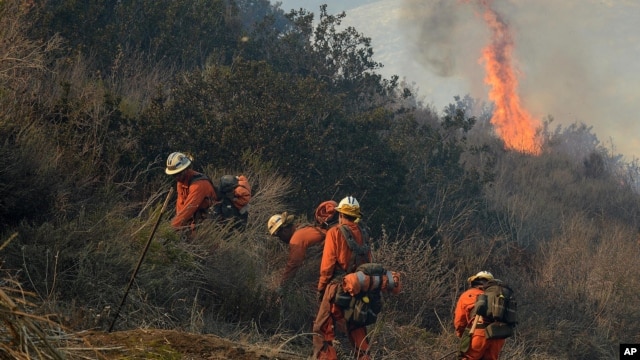 Firefighters work to remove brush to prevent a wildfire from spreading along a remote oil field access road in Ventura County, California, Dec. 26, 2015.