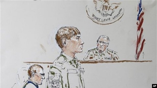 In this courtroom sketch, U.S. Army Cpl. Jeremy Morlock of Wasilla, Alaska, center, is shown at Joint Base Lewis-McChord, Wash. (File Photo)