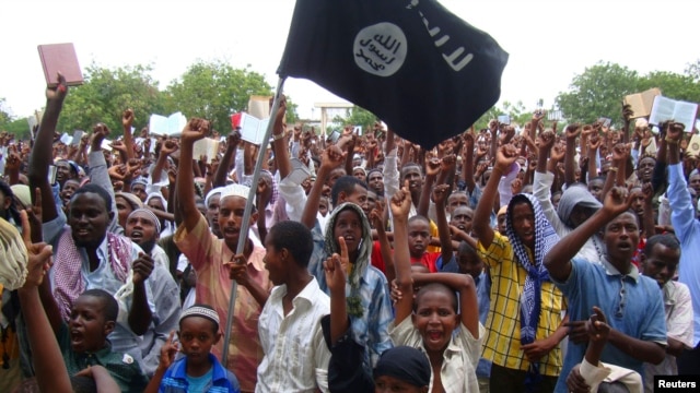 FILE - Pro Al-Shabaab demonstrators attend a protest in Somalia.