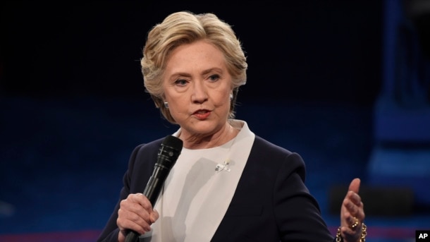 Democratic presidential nominee Hillary Clinton speaks during the second presidential debate at Washington University in St. Louis, Sunday, Oct. 9, 2016.