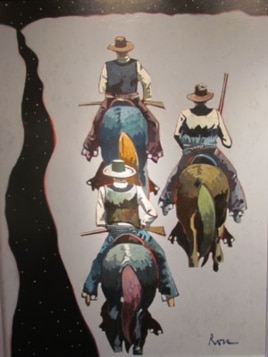 'Along The Pecos,' by Thom Ross, depicts Pat Garrett leading his deputies, John Poe and Kip McKinney, along the Pecos River at night during their pursuit of Billy the Kid.