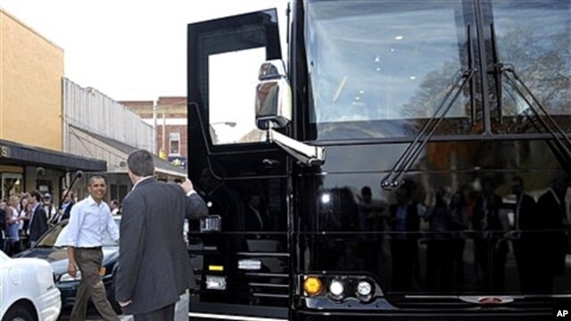 President Barack Obama walks toward his bus after stopping in Boone, N.C., Oct. 17, 2011.