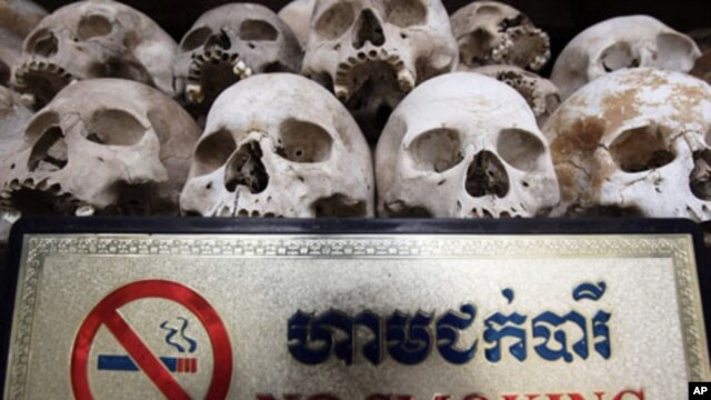Human sculls are displayed in the stupa of Choeung Ek, a former Khmer Rouge "killing field" dotted with mass graves about nine miles (15 kilometers) south of Phnom Penh.