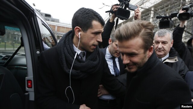 Soccer player David Beckham at Pitie-Salpetriere hospital for his medical examination, Paris, Jan. 31, 2013.
