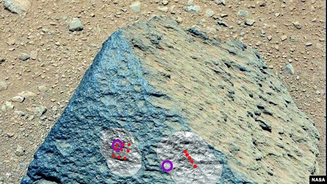 This image shows where NASA's Curiosity rover aimed two different instruments to study a rock known as "Jake Matijevic." (NASA/JPL-Caltech/MSSS)