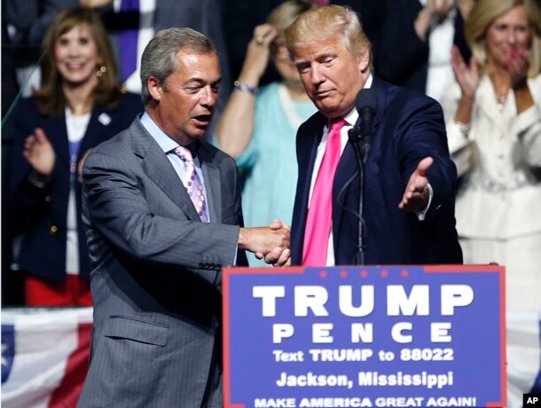 FILE - Republican presidential candidate Donald Trump, right, welcomes pro-Brexit British politician Nigel Farage to speak at a campaign rally in Jackson, Mississippi, Aug. 24, 2016.