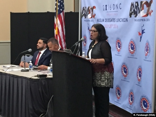 A delegate addresses the AMDC Luncheon at the Pennsylvania Convention Center during the Democratic National Convention.