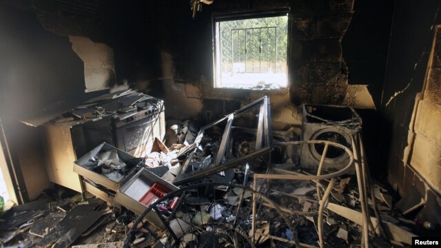 An interior view of the damage at the U.S. consulate, which was attacked and set on fire by gunmen  in Benghazi on September 12, 2012. Christopher Stevens, the U.S. ambassador to Libya, and three embassy staff were killed as they rushed away from the consulate building, stormed by al Qaeda-linked gunmen.