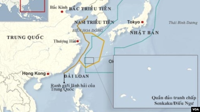 Bản đồ vùng phòng không của Trung Quốc và Nhật Bản ở biển Hoa Ðông.